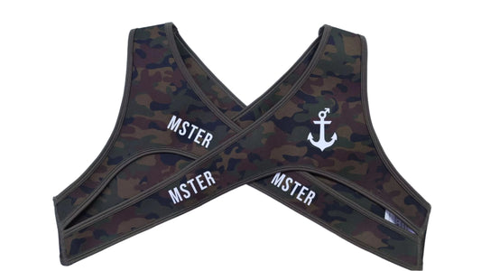 Camouflage-patterned harness with 'MSTER' branding on a white background