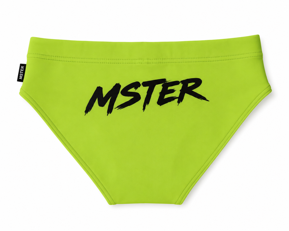 Bright green men's swim brief with bold black MSTER logo, featuring a sporty cut and side tag.