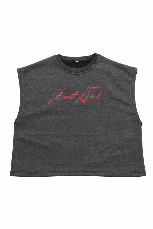 Cropped Cotton Fleece Vest Acid Wash Dark Grey