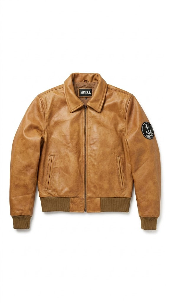 Cropped Leather Bomber Jacket (Tan)