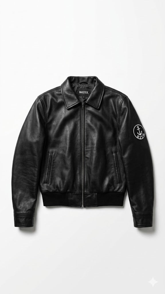 Cropped Leather Bomber Jacket (Black)