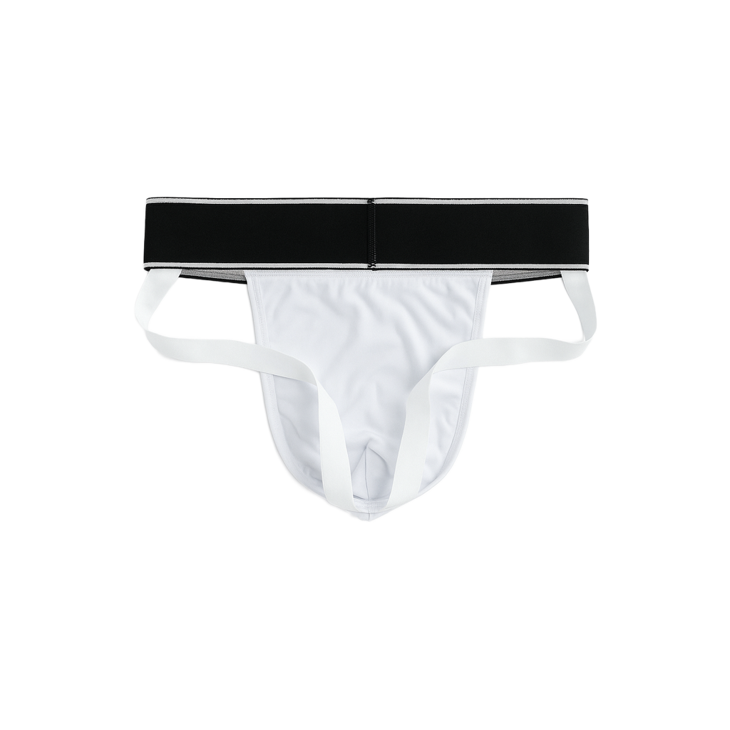White men's underwear with a black waistband on a white background