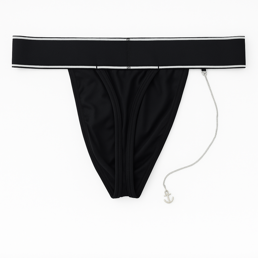 Black men's underwear with a white cord on a white background