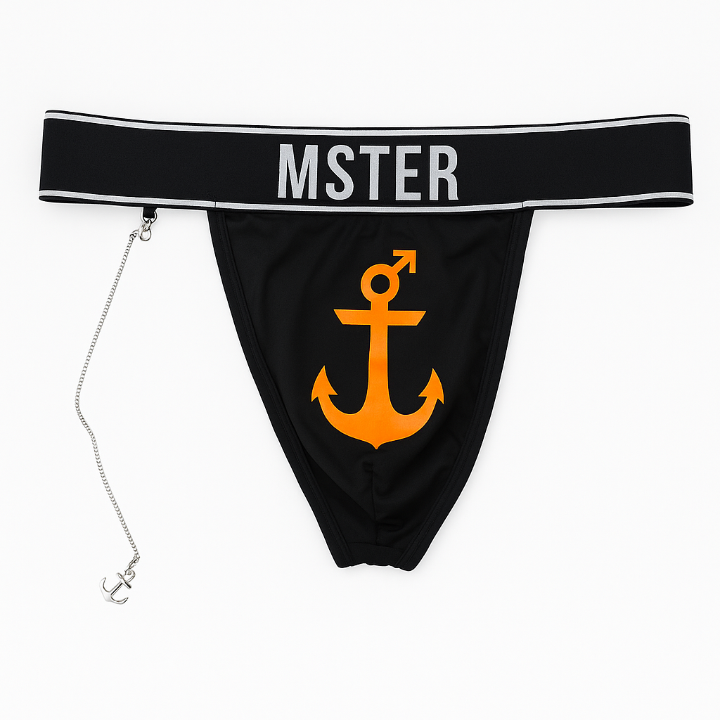 Black men's underwear with orange anchor design and 'MSTER' waistband on a white background