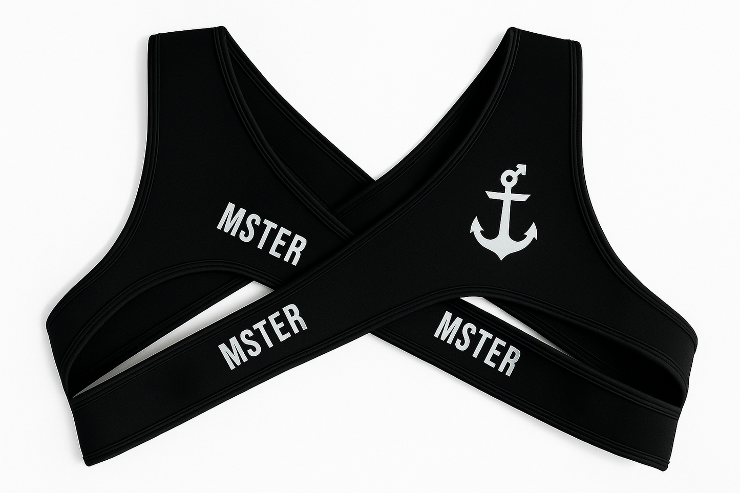 Black fetish harness with 'MSTER' branding and anchor design on a white background