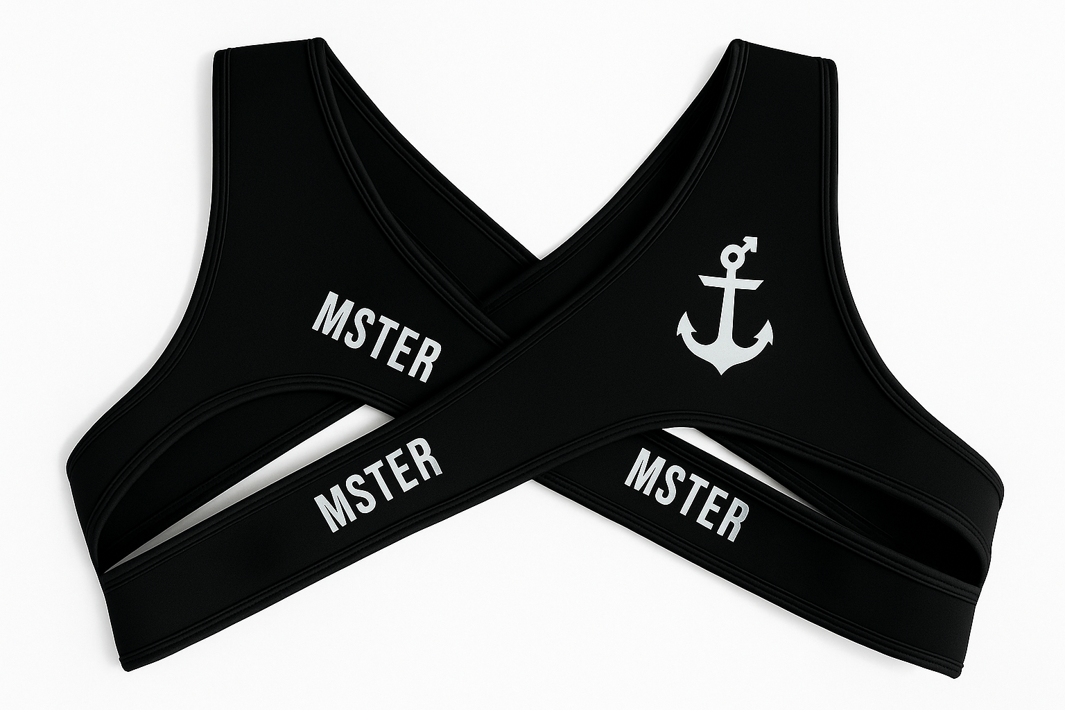 Black fetish harness with 'MSTER' branding and anchor design on a white background