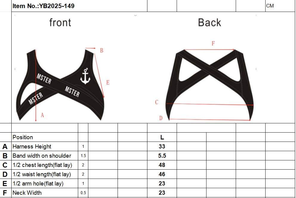 Black harness with measurements on a white background