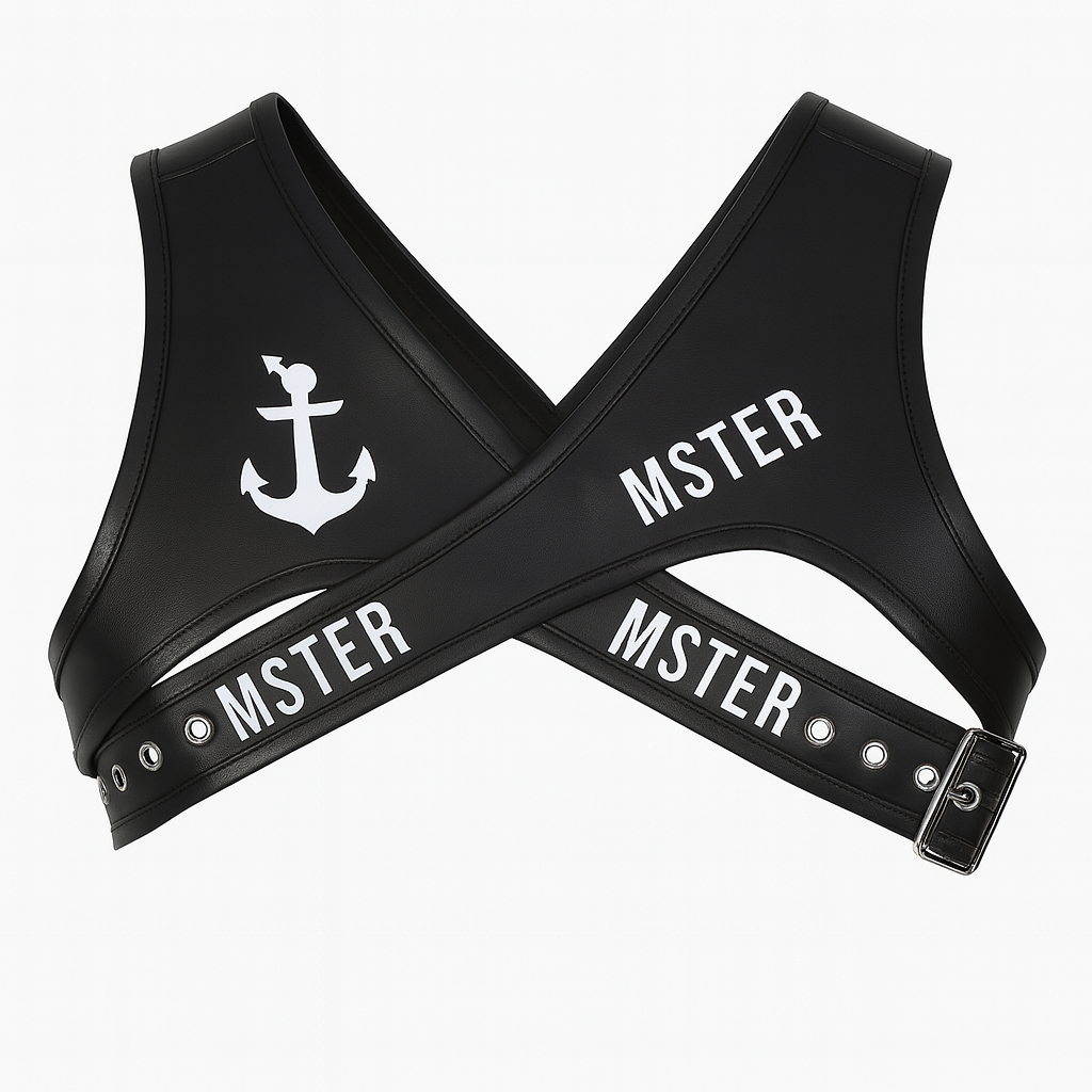 Black leather harness with 'MSTER' and anchor design on a white background
