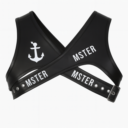 Black leather harness with 'MSTER' and anchor design on a white background