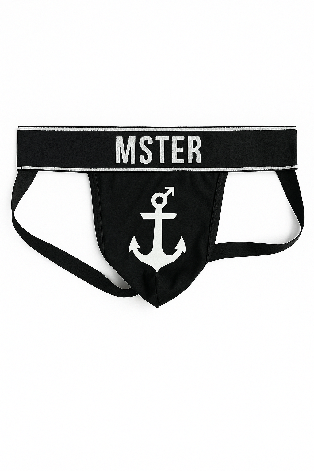 Black men's underwear with 'MSTER' and anchor design on a white background