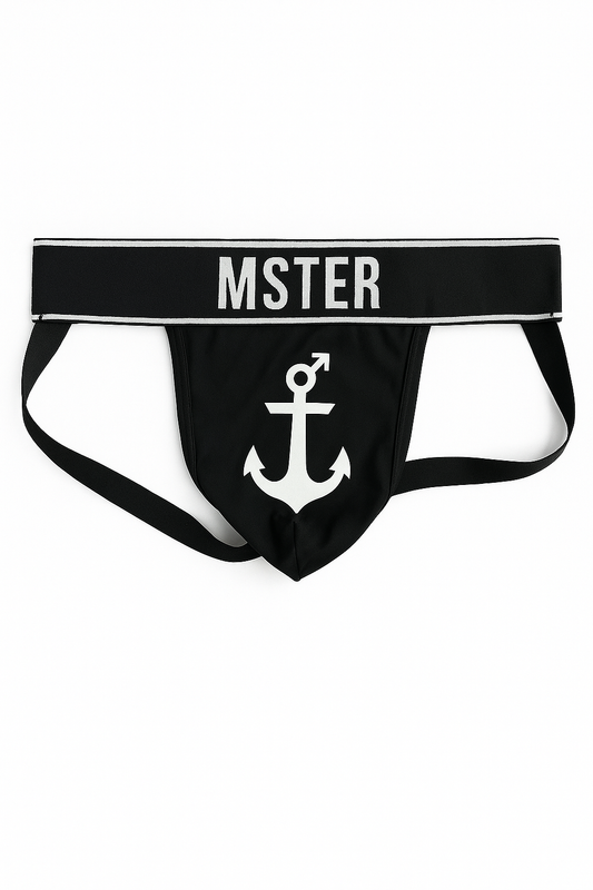 Black men's underwear with 'MSTER' and anchor design on a white background