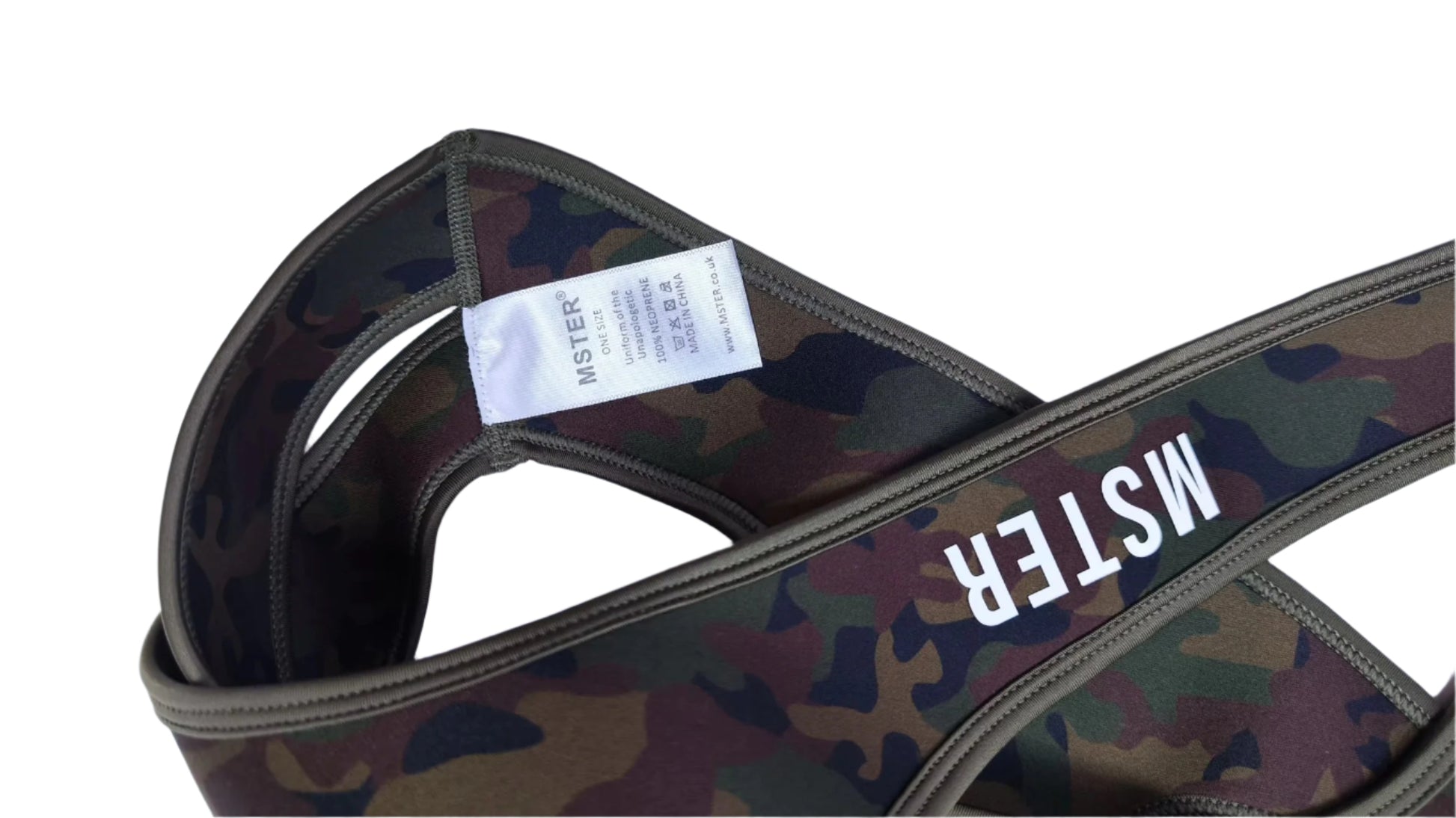 Camouflage-patterned fetish harness with 'MSTER' branding on a white background
