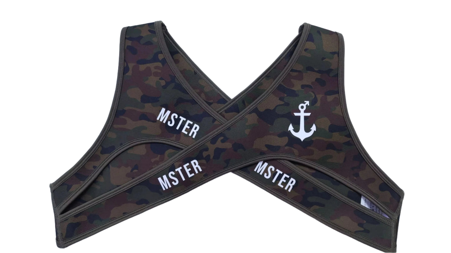 Camouflage-patterned harness with 'MSTER' branding on a white background