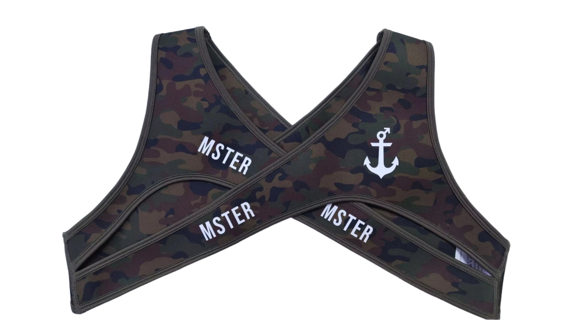 Camouflage-patterned harness with 'MSTER' branding on a white background