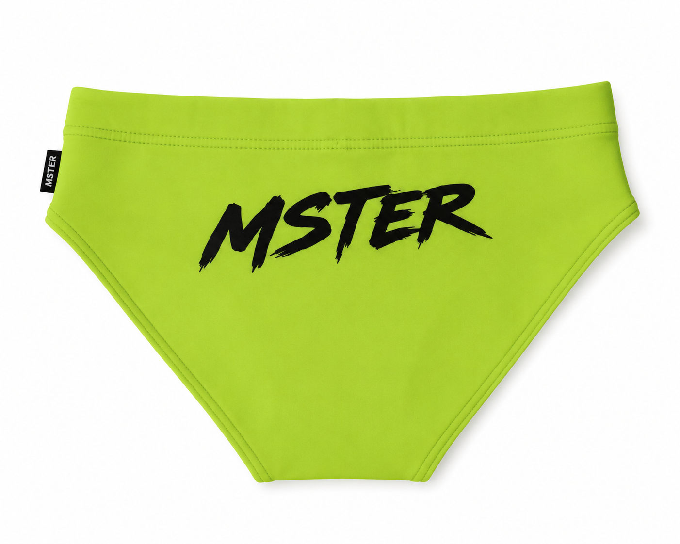 Bright green men's swim brief with bold black MSTER logo, featuring a sporty cut and side tag.