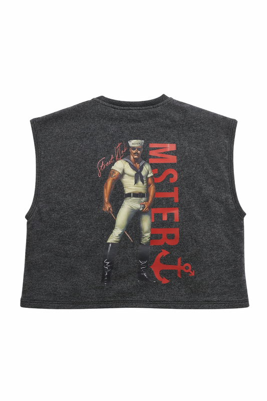 Cropped Cotton Fleece Vest Acid Wash Black