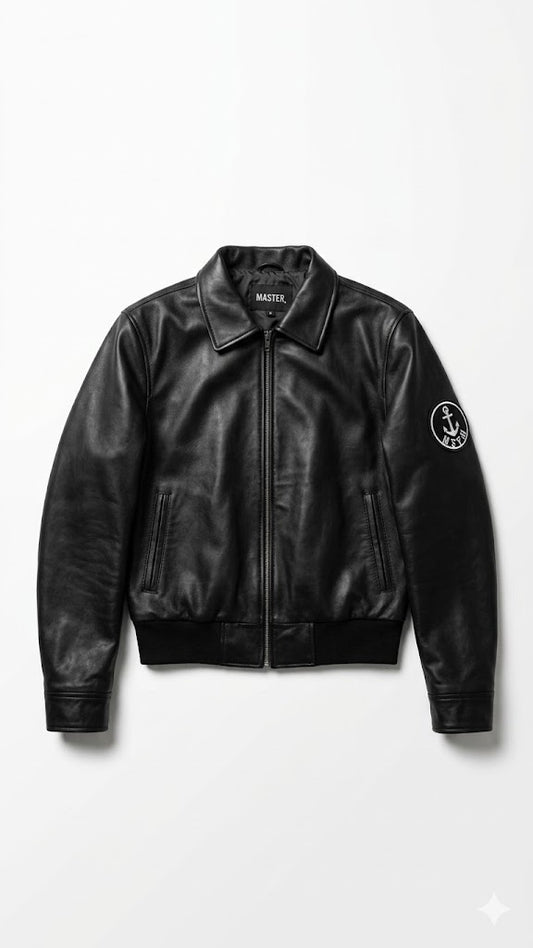Cropped Leather Bomber Jacket (Black)