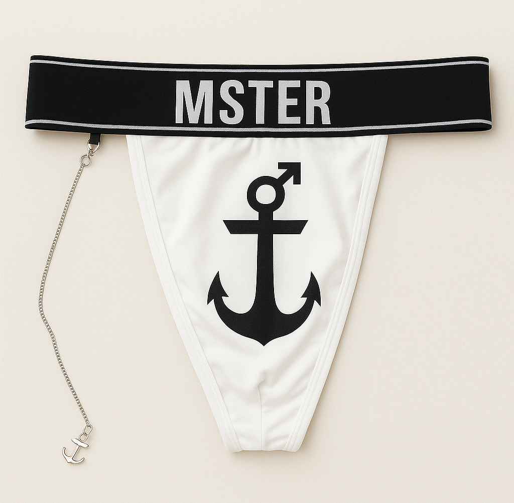 MSTER Thong in white, black anchor male symbol logo, mens underwear, jockstrap, thong, Bamboo and Spandex
