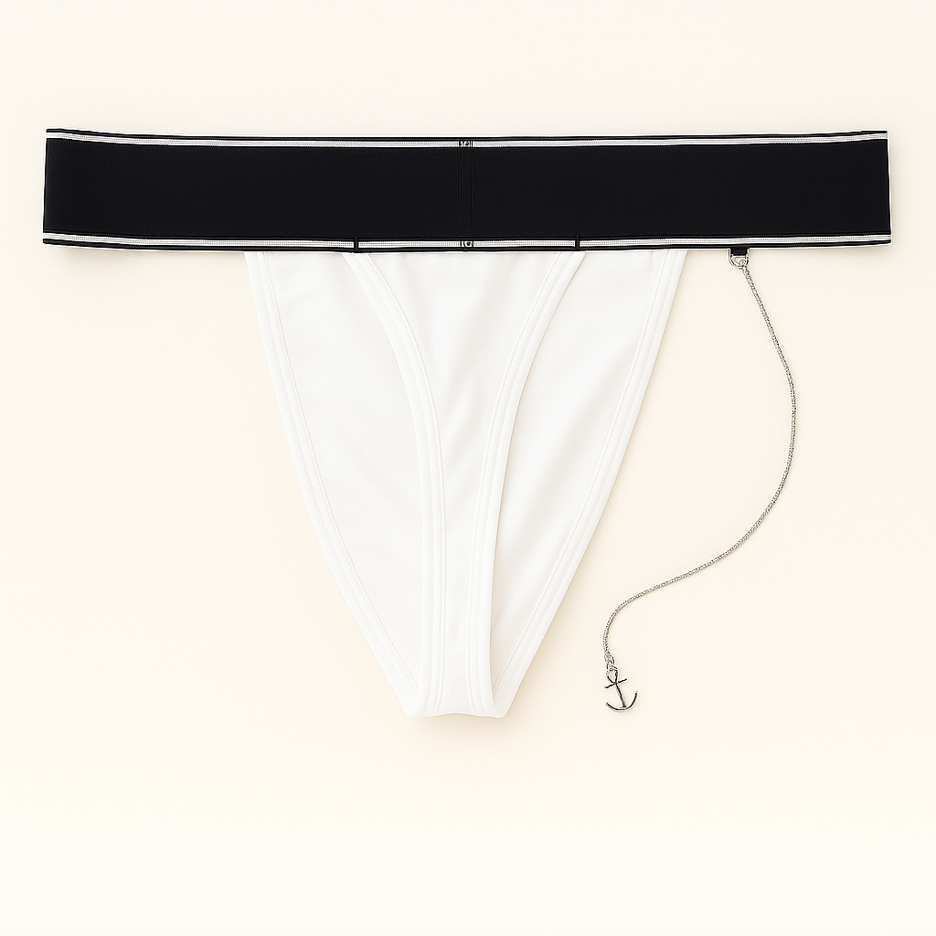 MSTER Thong in white, black anchor male symbol logo, mens underwear, jockstrap, thong, Bamboo and Spandex