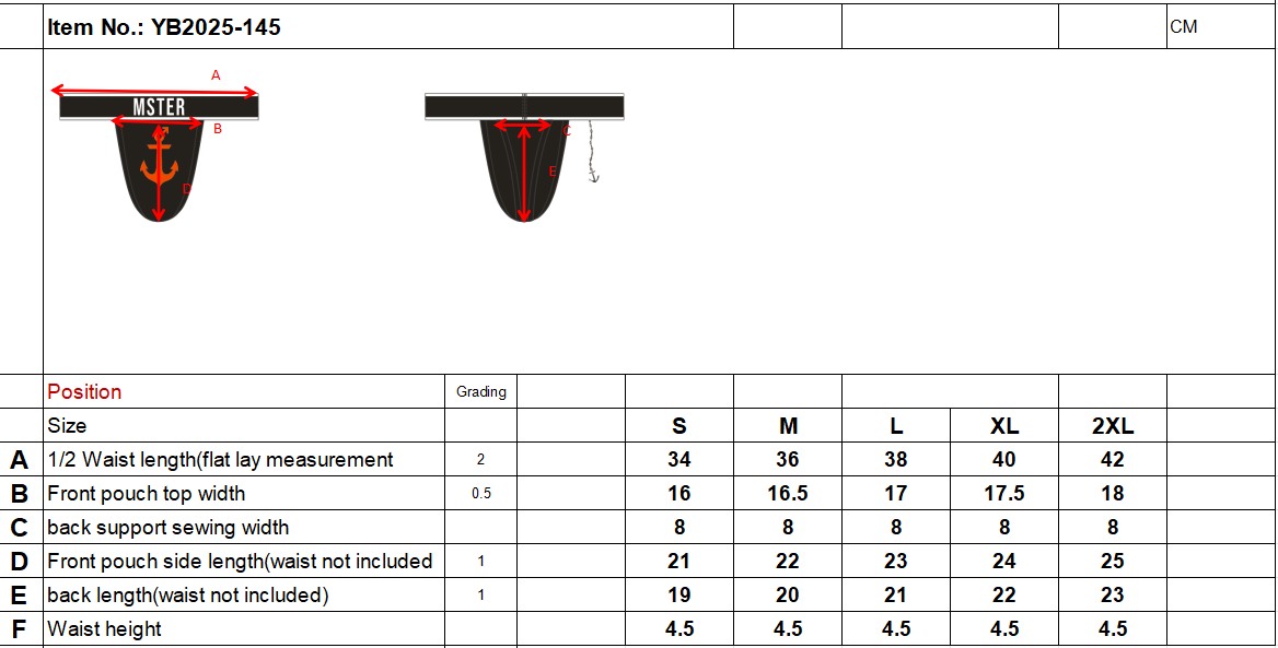 Measurement chart for a product with red accents on a white background