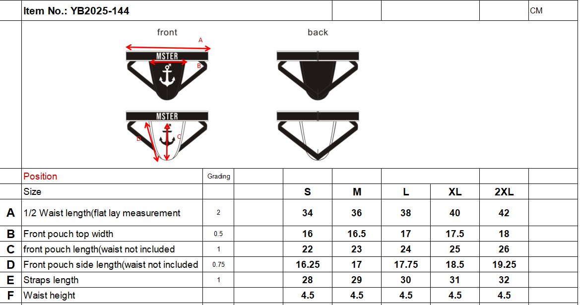 Measurement chart for men's underwear with size guide and dimensions.