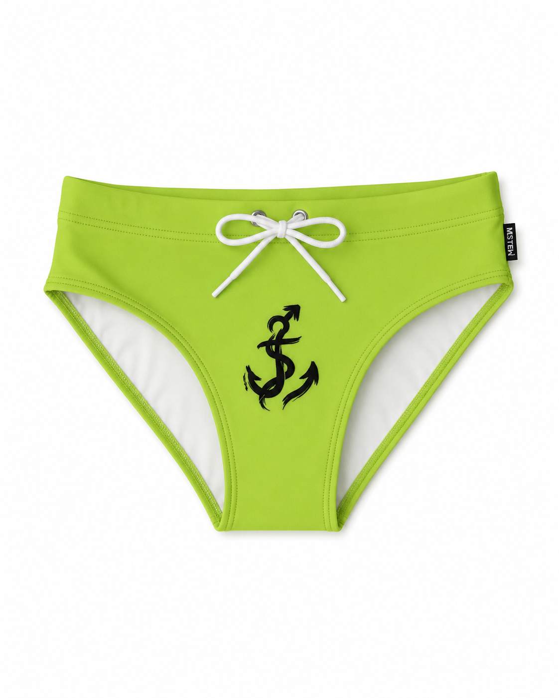 Lime green men's swim brief with black anchor graphic and white drawstring waist