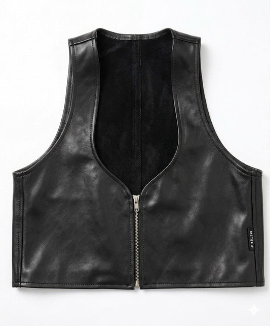 Black Cropped Leather Bartender's (Barman's) Vest