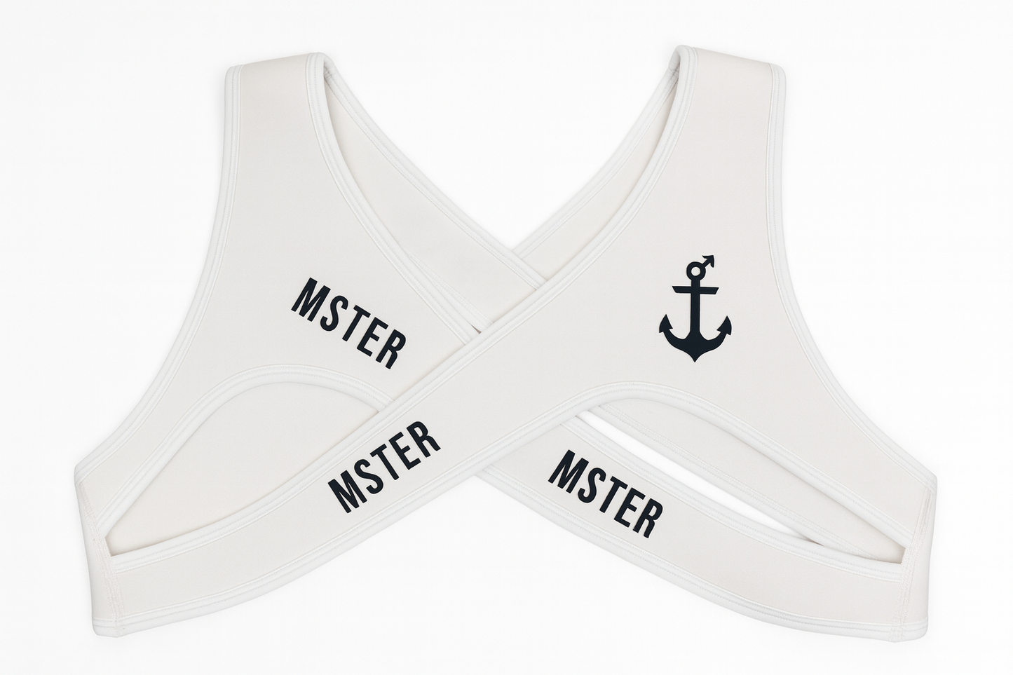 White Harness with 'MSTER' branding and an anchor symbol on a white background