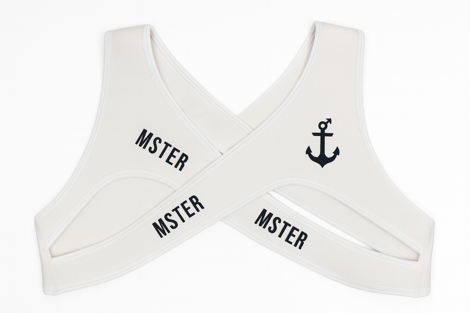 White Harness with 'MSTER' branding and an anchor symbol on a white background