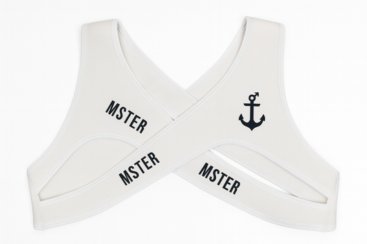 White Harness with 'MSTER' branding and an anchor symbol on a white background