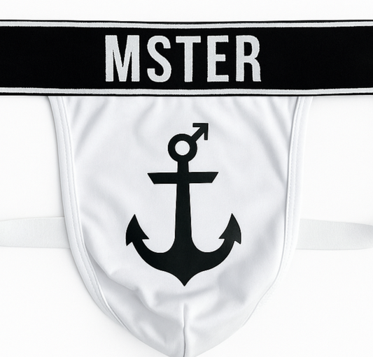 White underwear with black anchor symbol and 'MSTER' text on a black band.